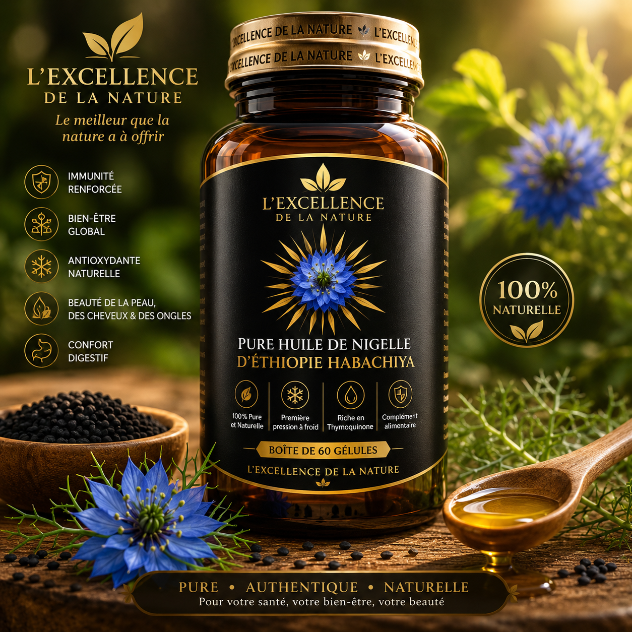 Huile de nigelle (Boîte de 60 gélules) 100% Pure Et Certifiée